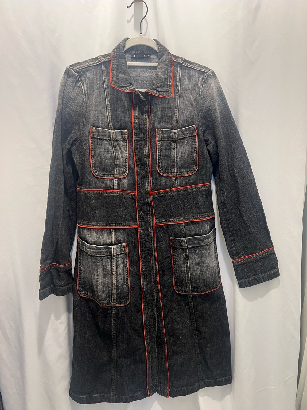 Y2K Vintage DKNY Black Washed Denim Coat with Red Trim